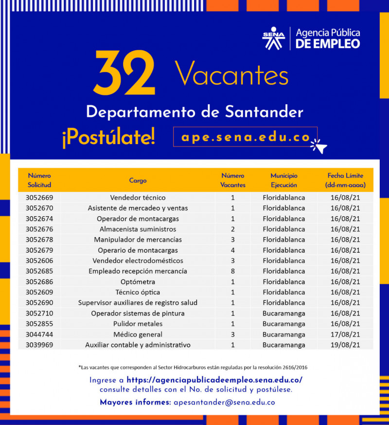 32 vacantes departamento Santander